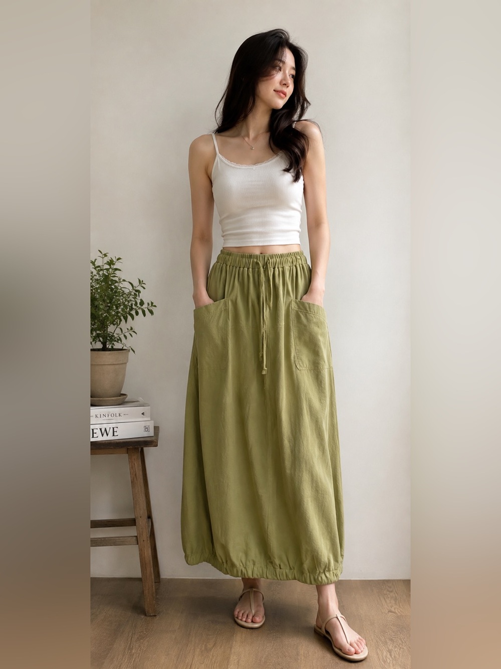 Relaxed Elastic-Waist Maxi Skirt in Olive